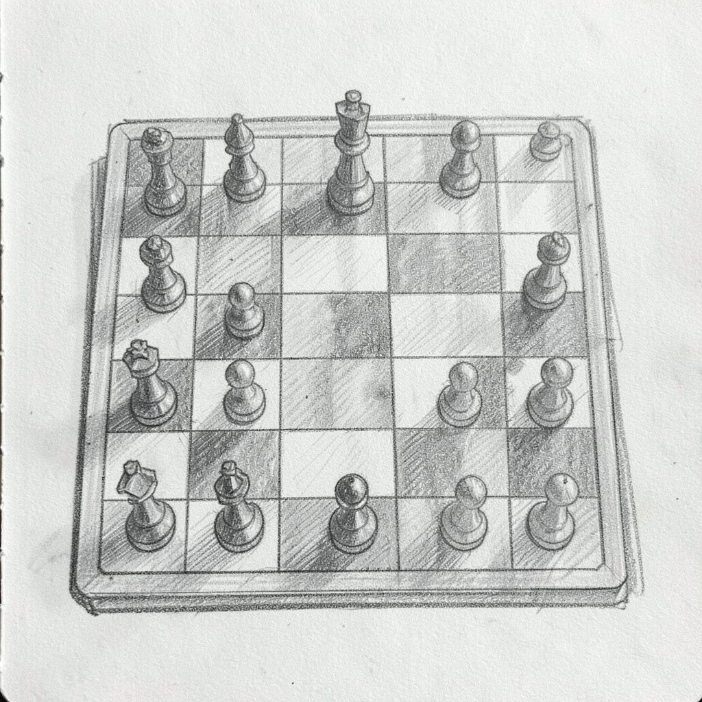 A graphite pencil sketch of a grid-like chessboard pattern, drawn with precise grey lines and a calm, orderly mood