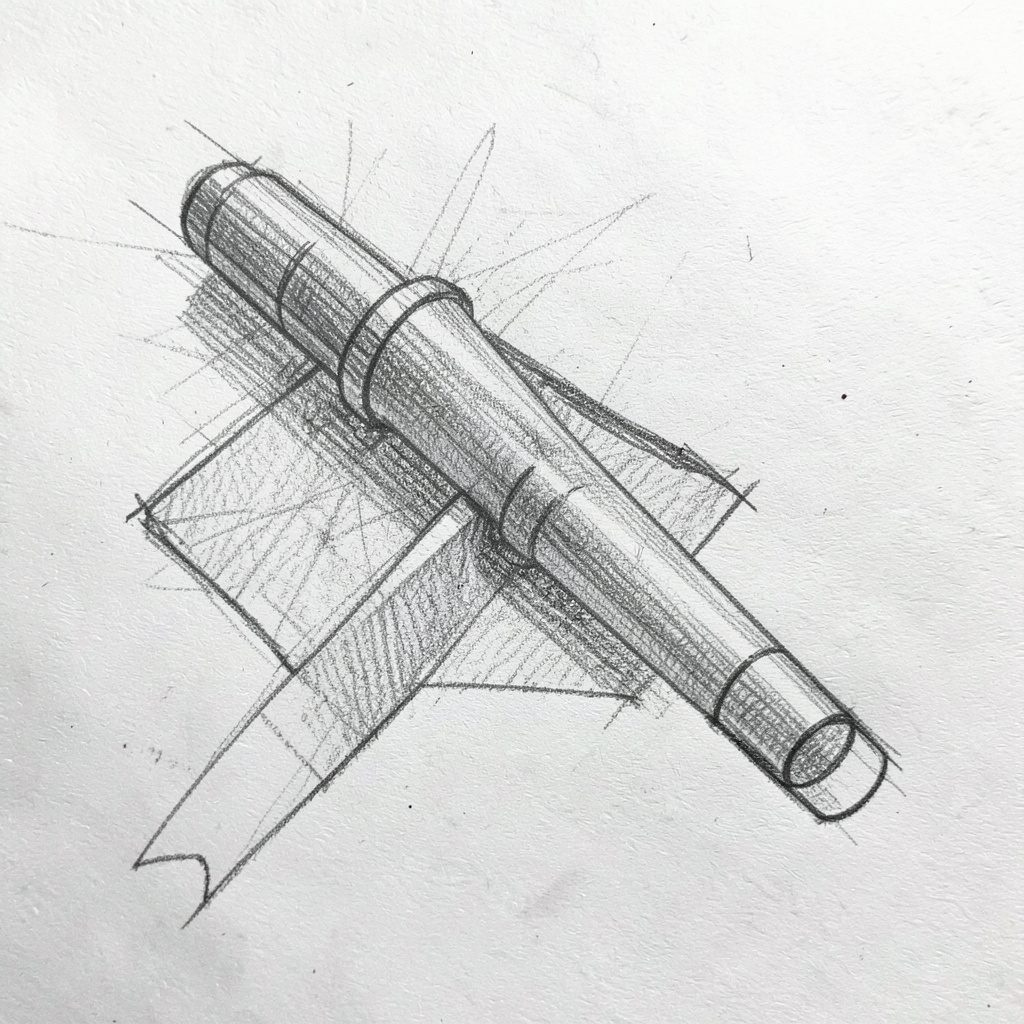 A graphite pencil sketch of layered download and document panels arranged in a tidy grid, rendered in soft grey tones with a calm, orderly mood