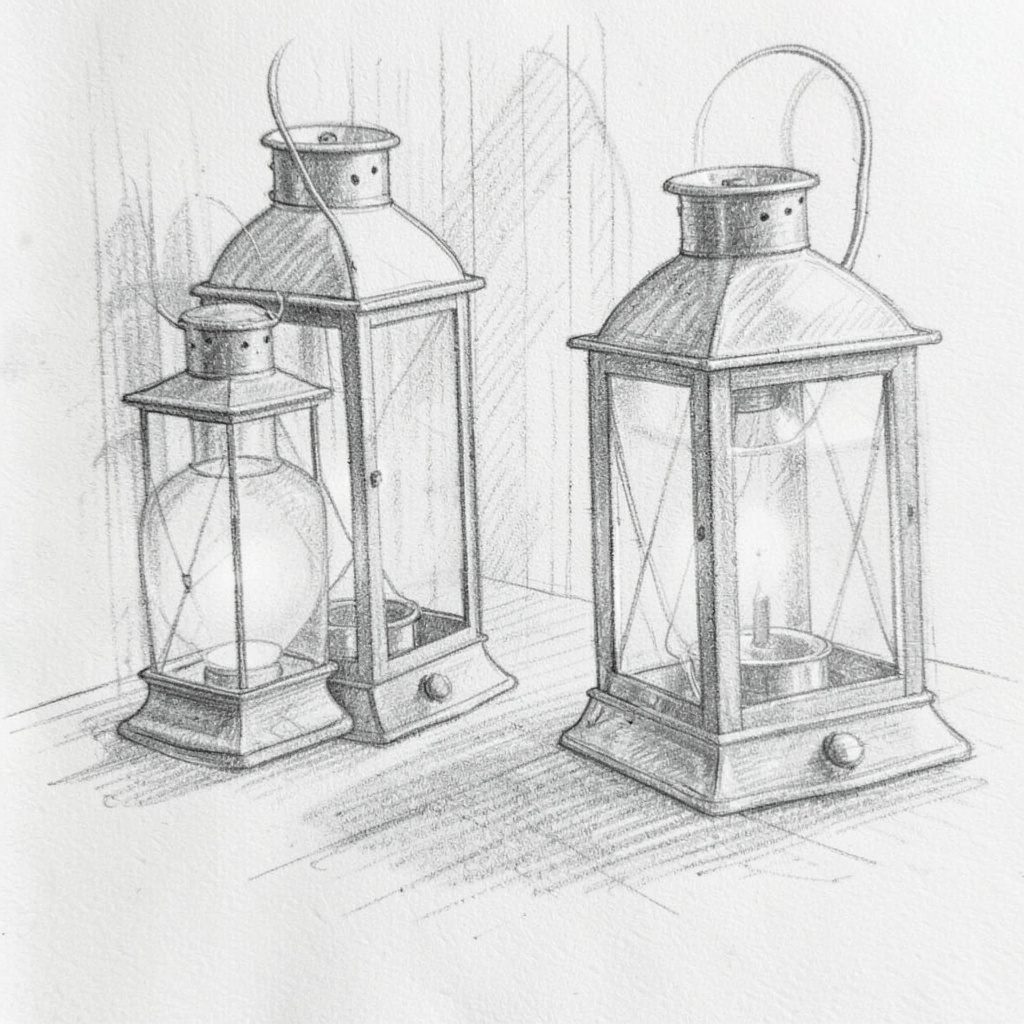 Graphite pencil sketch of hanging lanterns rendered in soft grey shading, giving a calm and thoughtful mood