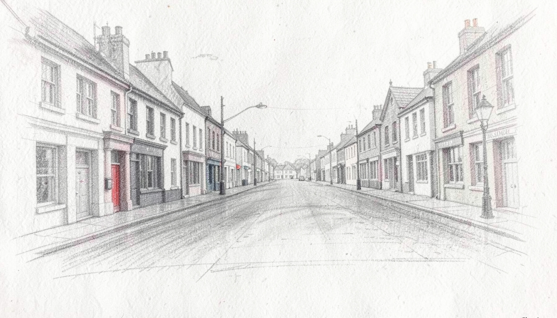 A graphite pencil sketch of a quiet town street scene with a broad avenue lined by buildings, rendered in soft grey tones with subtle cross-hatching, evoking the Maidenhead area